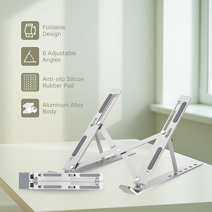Geonix Trek T3 Aluminium Ergonomic Laptop Stand | 7 Angles Adjustable Tabletop | Anti Slip Rubber Pads | Foldable | Compatible with Laptops Upto 17 inch (Silver)
