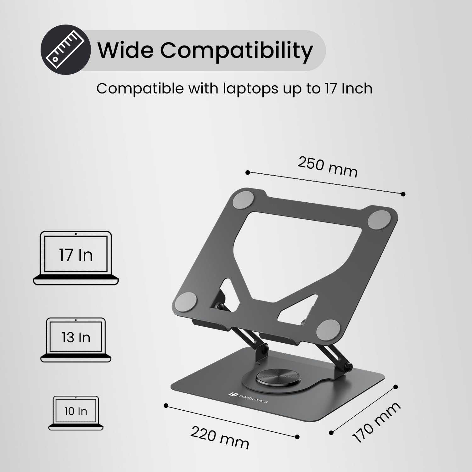 Portronics My Buddy K11 Metal Laptop Stand with 360° Rotation, Height &amp; Angle Adjustable, Foldable Design, Improves Air Flow, Carbon Steel Body, 10 kg Max Weight for Laptops &amp; MacBook (Black)