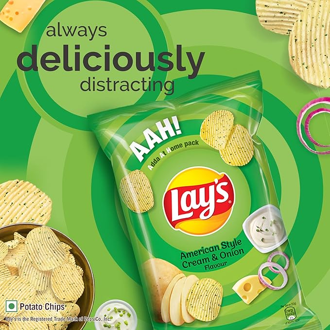 Lay Potato Chips (40g + 8g Extra) +4.9g = 52.9 Gram, American Style Cream Onion Flavour, Crunchy Chips Snacks (Weight May Vary)