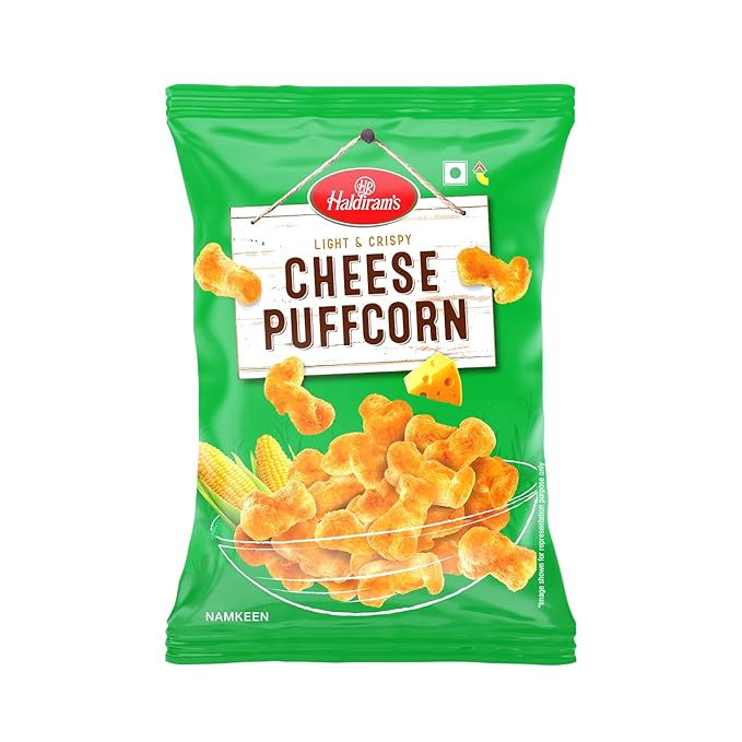 Haldiram’s Puffcorn Cheese Flavour, 90g | Light, Cheesy &amp; Crunchy Corn Snack | Cheesy Munchies for Kids &amp; Adults | No Hard Kernels | Made in India