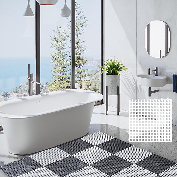 12 Pack Interlocking Floor Tiles with Drain Holes, Soft PVC Non Slip Shower Floor Mat Modular Interlocking Cushion Mat for Bathroom, Drain, Pool, Patio, Balcony, Kennel, White