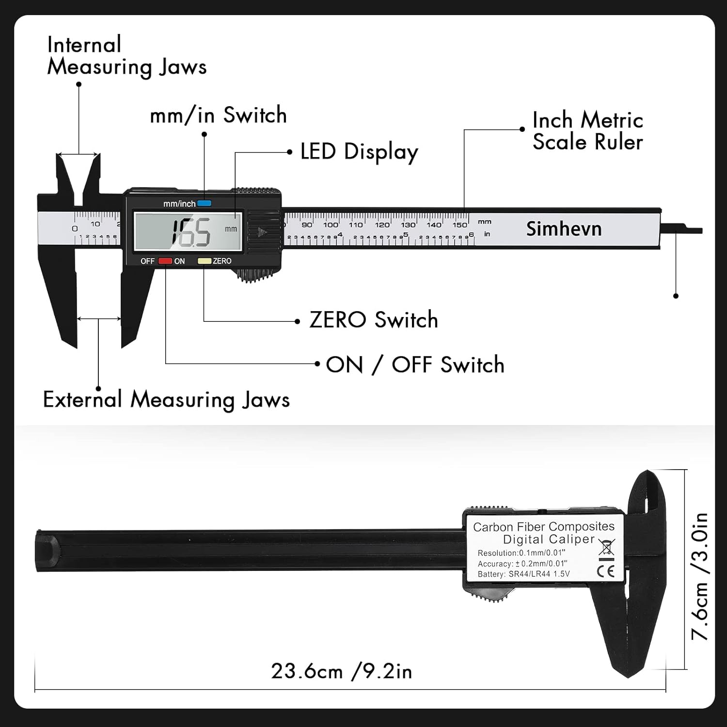 Simhevn Electronic Digital Calipers, inch and Millimeter Conversion,LCD Screen displays 0-6" Caliper Measuring Tool, Automatic Shutdown, Suitable for DIY/Jewelry Measurement (New150mm Black Plastic)
