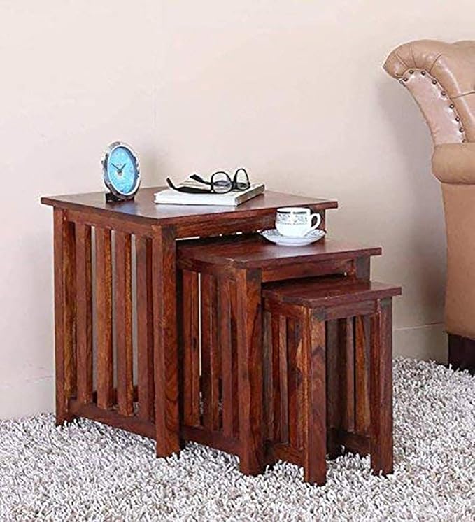 UNITEK FURNITURE Sheesham Wood Nesting Bedside Table Set of 3 Stools for Living Room (Honey Finish)