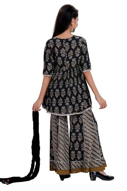 Yoke Embroidery Style Kurti with Garara and Dupatta Dress for Girls - 3/4th Sleeves –100% Cotton- Ethnic Wear for Festival