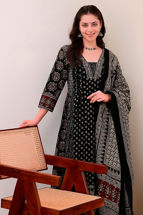 KLOSIA Women Rayon Printed Anarkali Kurta and Pant with Dupatta Set.