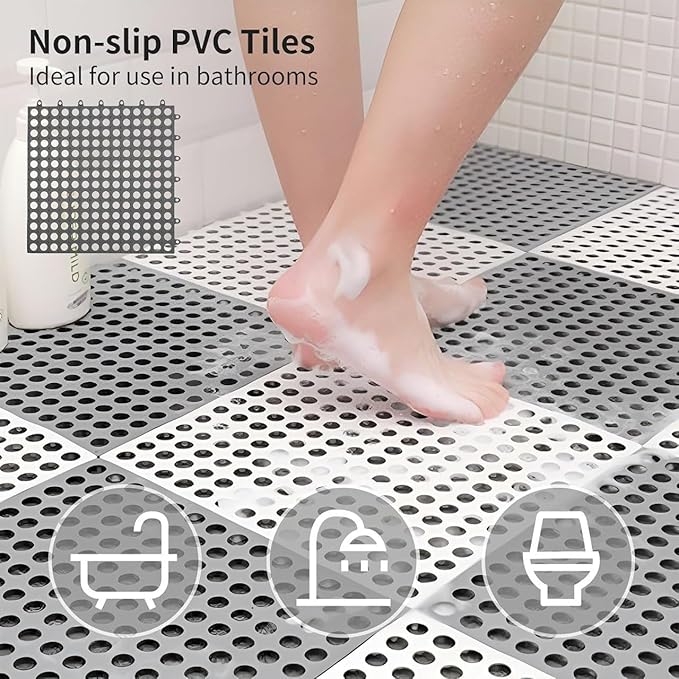 REDMART Interlocking Non-Slip Bathroom Floor Tiles with Drain Holes - Soft PVC Massage Bath Mats for Shower, Pool Deck, Patio &amp; Garage - DIY Splicing Cushion Mat (Grey/White, Pack of [6])