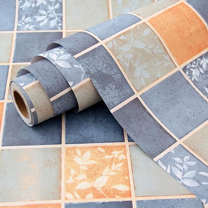 wolpin Bathroom Tiles Wallpaper (45 x 1000 CM, Blue &amp; Orange) | Waterproof Self Adhesive Stove Backsplash Countertop Wall Sticker DIY Bathroom Home Decor Blue Orange Tile Pattern