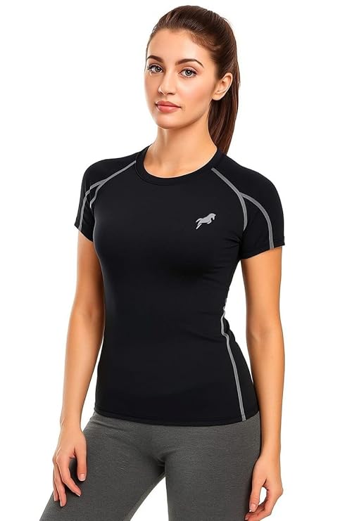 JUST RIDER Women Compression Fit Sports T-Shirt – Black Fitness Wear, Quick-Dry Activewear Top for Gym, Yoga &amp;amp; Running