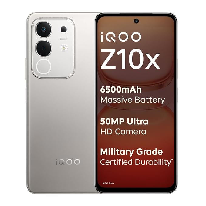iQOO Z10x 5G (Titanium, 8GB RAM, 128GB Storage) | 6500 mAh Large Capacity Battery | Dimensity 7300 Processor | Military-Grade Durability