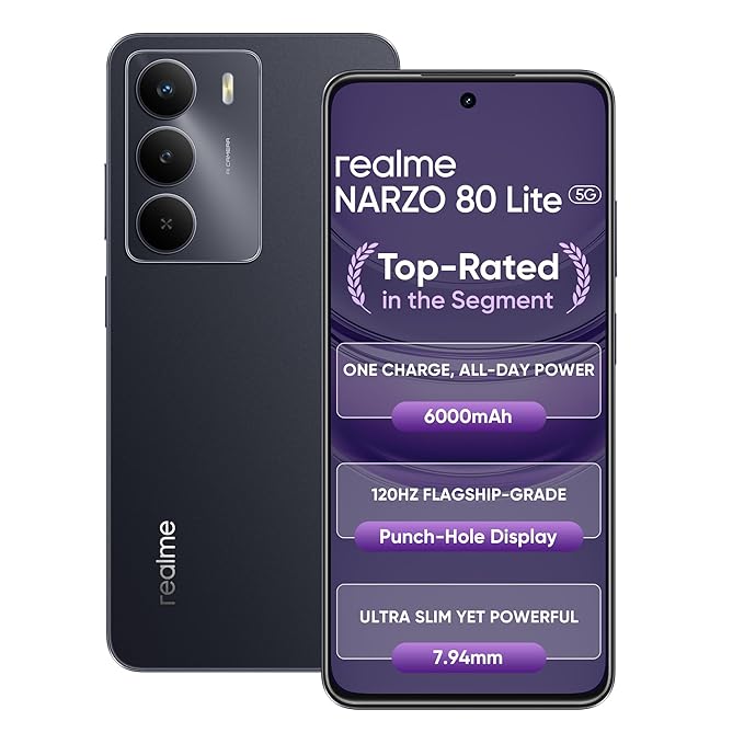 realme NARZO 80 Lite 5G (Onyx Black, 6GB+128GB) | 6000mAh Long-Lasting Battery | MediaTek Dimensity 6300 5G | AI Assist | IP64 Rated Water &amp; Dust Resistance | Military-Grade Durability