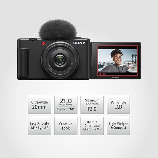 Sony Digital Camera ZV-1F for Content Creators with Ultra-Wide 20mm Prime Lens | Soft Skin Feature | Bokeh | Creative Look | Active Mode Stabilisation -Black