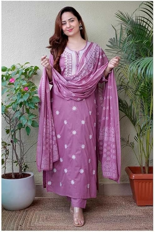 UPSARA FASHION Traditional Embroidered Rayon Kurta Set with Dupatta, Floral Design