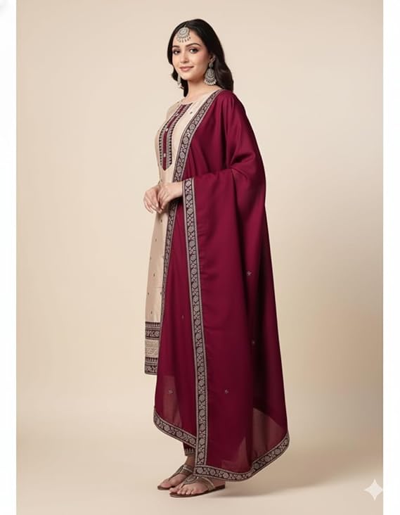 VARINDA FASHION Designer Salwar Suit Set with Dupatta, Beige and Maroon Embroidered Cotton Dress, Traditional Indian Ethnic Wear