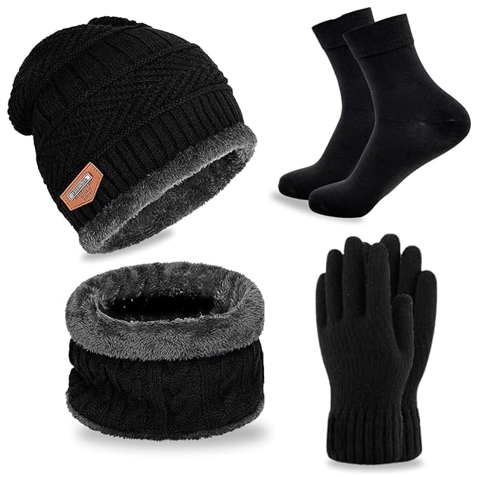 Tychosky Winter Cap Muffler Set for Men | 4-in-1 Woolen Set with Warm Gloves Socks | Wool Cap/Topi for Men, Thermal Gloves, Accessories for Cold Weather, Snow Trips