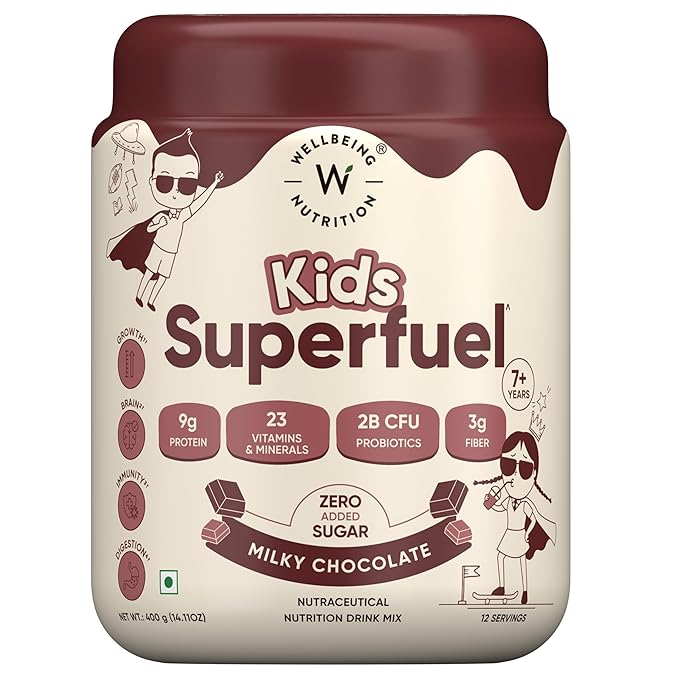 Wellbeing Nutrition Kids Superfuel 7+years |Zero Added Sugar |9g Milk Protein Isolate, 23 Vitamins &amp;amp; Minerals, 100mg DHA, 3g Fiber, Probiotics |Height Growth, Immunity &amp;amp; Brain| Chocolate, Nutrition Drink Powder, 400g