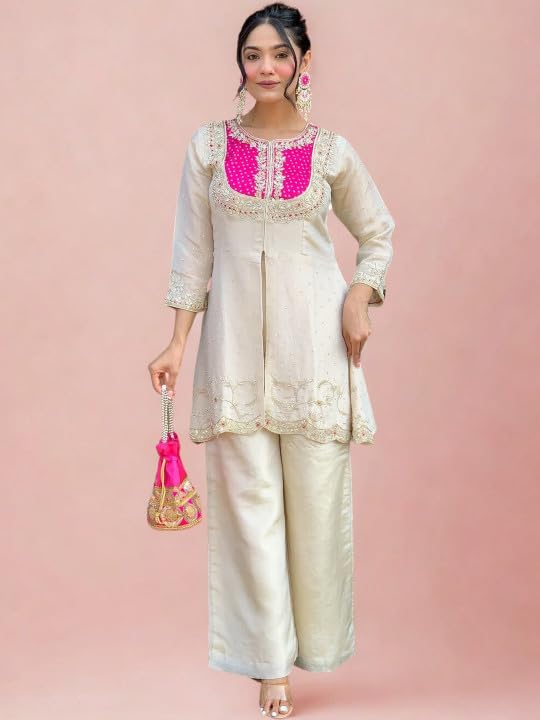 Wedding Outfit For Women Embroidered Shrara Set For Women Designer Silk Kurta With Sharara Pants Festive Ethnic Wear Traditional Outfit For Celebrations Functions Ceremonies And Gatherings