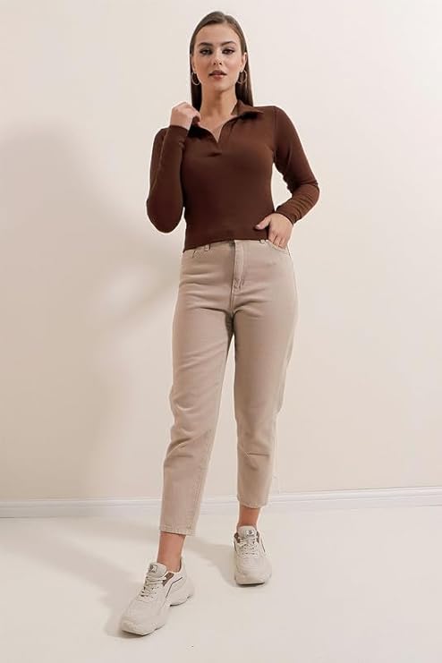 Dream Beauty Fashion Women Collared Neck Long Sleeve Slim Fit Casual Tee Top, quot; inches (Apple-01-P)