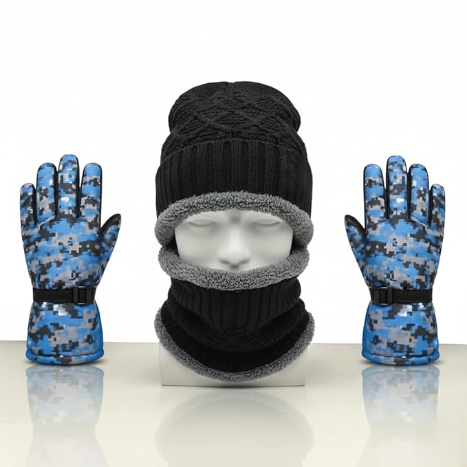AutokraftZ Winter Cap Muffler and Gloves (3 in 1) Combo for Men and Women| Woolen Thermal Wear for Extreme Cold | Warm Essentials Set for Trip | Warm Clothes Combo | Cool weather Kit| Snow Gloves Cap