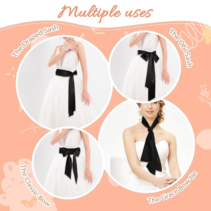Pmeixcy Black Sash Belt Wide Soft Waist Belt Dress Belts Satin Sash Obi Belts Long Ribbon Dress Accessories for Women Bridal Bridesmaid Dresses Party Special Occasion Prom Formal