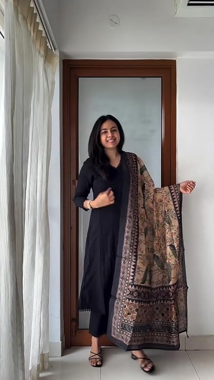 ANNI Designer Women Rayon Viscose Anarkali Solid Kurta Pant Printed Dupatta Set | Flared Ethnic Suit for Festive, Party.