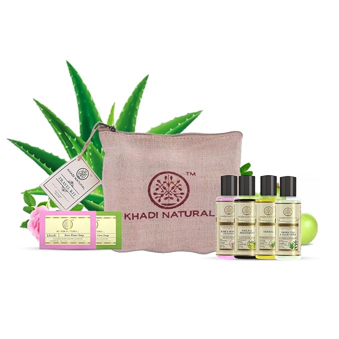 Khadi Natural Herbal Natural Travel Kit - All in one Travel kit Includes Shampoo, Conditioner, Body wash, Soap, Moisturiser (Set of 6 + Jute Bag)| 150g + 120ml