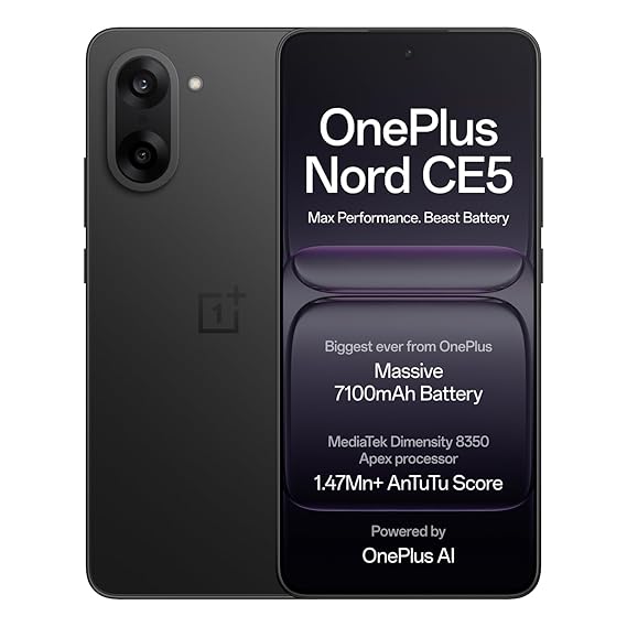 OnePlus Nord CE5 | Massive 7100mAh Battery | MediaTek Dimensity 8350 Apex | Powered AI | 8GB + 128GB | Black Infinity