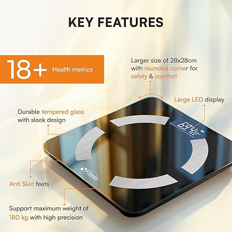 Smart BMI Weight Scale (Black) | 18+ Parameters, Body Fat &amp; Muscle Mass | 100+ User Profiles