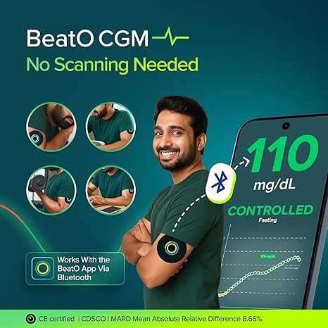 BeatO Combo: CURV Glucometer Machine (Android Type-C) + 15-Day CGM Continuous Glucose Monitor | Smart Sugar Test Machine for Home | Real-Time Blood Sugar Monitoring Device with Strips | Best Glucometer for Accurate Results