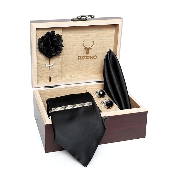 Tie for Men – Solid Silk Neck Ties Set with Cufflinks Flower Pin, Pocket Square &amp; Black Gift Box, Combo Necktie Sets for Office Wear, Formal Suits &amp; Weddings
