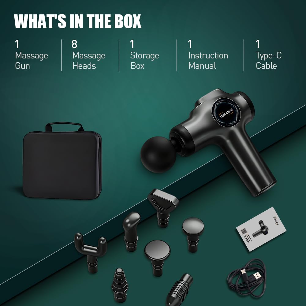 Tisscare Massage Gun Deep Tissue – 99 Speeds and 8 Heads Percussion Gun Massager for Pain Relief Muscle Recovery and Relaxation, Portable with Carry Case for Gym Home Office, Gift for Men and Women