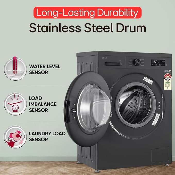 LG 7 Kg, 5 Star, Direct Drive Technology, Steam Wash, 6 Motion DD, Fully-Automatic Front Load Washing Machine (FHB1207Z2M, Allergy Care, In-Built Heater, Touch Panel, Middle Black)