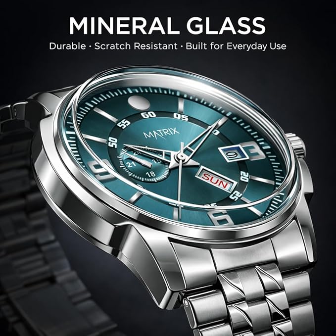 Matrix Black, Blue, White Dial, Day Date Functioning, Stainless Steel Strap Analog Watch for Men Women