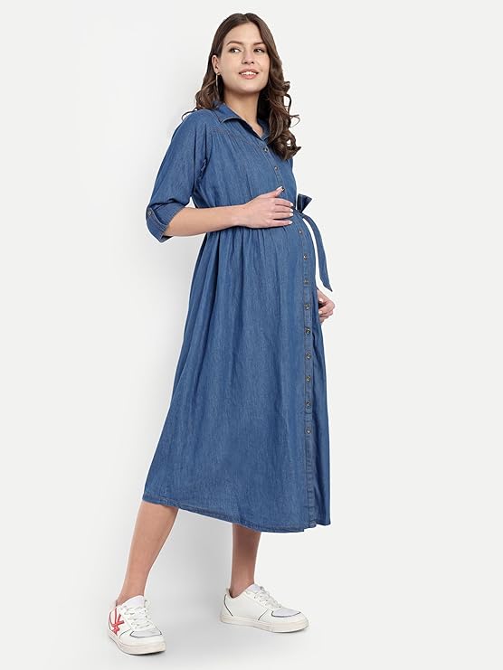 MAMMA'S MATERNITY Womens Plain Maternity Dress with Cotton Denim Fabric, Easy Breast Feeding Dress, Dress with Zippers for Nursing Pre and Post