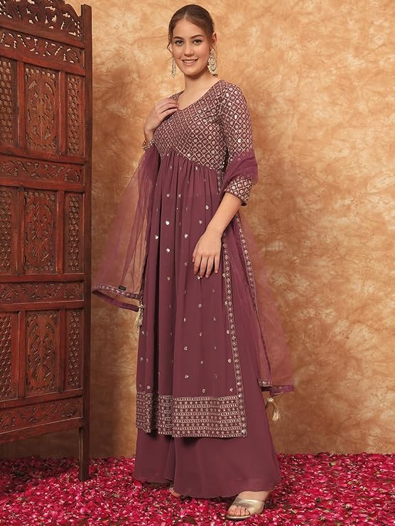 SHOPPING QUEEN Women Georgette Embroidered Kurta and Palazzo Set.
