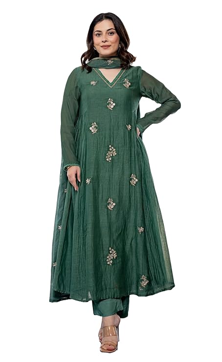 KLOSIA Women Embroidery Solid Anarkali Kurta and Pant Set with Dupatta:
