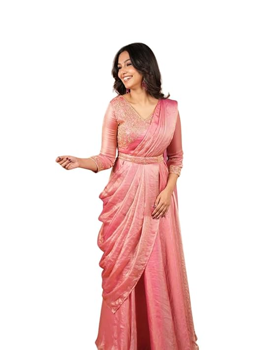 Womens Embroidered Indo-Western Draped Stylish Long Dress with Designer Pleated Drape Elegant Sleeves Festive Wedding Reception Outfit for Special Occasions.