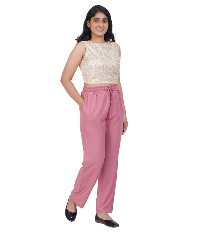 Happy Bunny Rayon Straight Pants for Women, Stylish Solid Regular Fit Kurti Bottom Wear with Elastic Waist, Adjustable Drawstring &amp; Side Pocket, Casual, Office