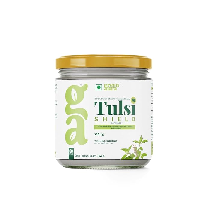 Green Aura Tulsi Shield Capsules (60 Capsule) | Ayurvedic Antiviral &amp; Antimicrobial Supplement | 500mg | Ideal For Immunity, Stress Relief &amp; Detox