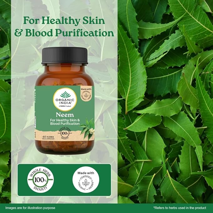 A TATA Product - Organic India Neem Blood Purifier - 60 Veg Capsules, Natural Blood Purifier, Plant-Based Anti-Bacterial, Anti-Viral, With Immunity Boosting Properties, GMP &amp; NPOP Certified Organic