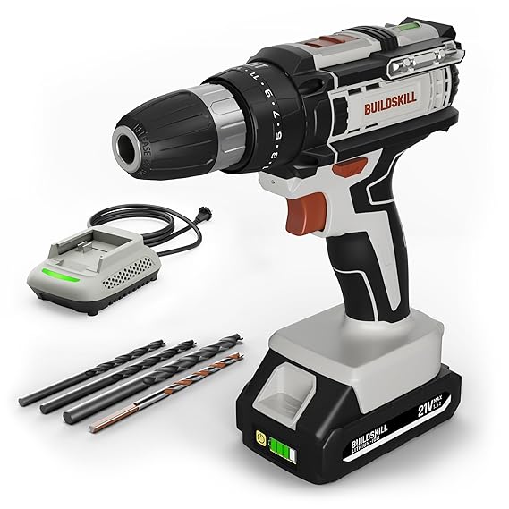 BUILDSKILL 21V Cordless Drill Machine for Home Use | Impact Drill with 10MM Keyless Chuck | 1.5 Ah Single Battery | Charger | Variable Speed | LED Light | Forward &amp; Reverse Motion