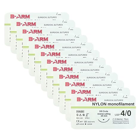 B-Arm Nylon Suture Thread (Pack of 12) Non-Absorbable USP 4-0/1.5 Metric|EO Sterilized Suturing Thread And Needle Set|24mm Reverse Cutting Needle Included | Ideal Suture Thread For Practice