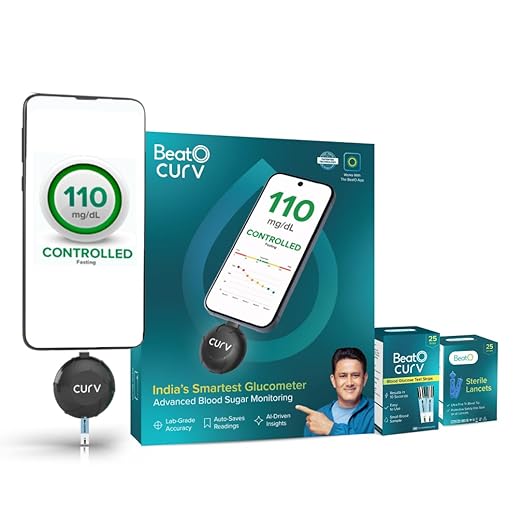 BeatO CURV Sugar Test Machine | FREE 25 Strips &amp; 25 Lancets (Type-C USB Connector) |Smartphone Connected Glucometer Machine | Android only | ISO Certified: Made in India, Black