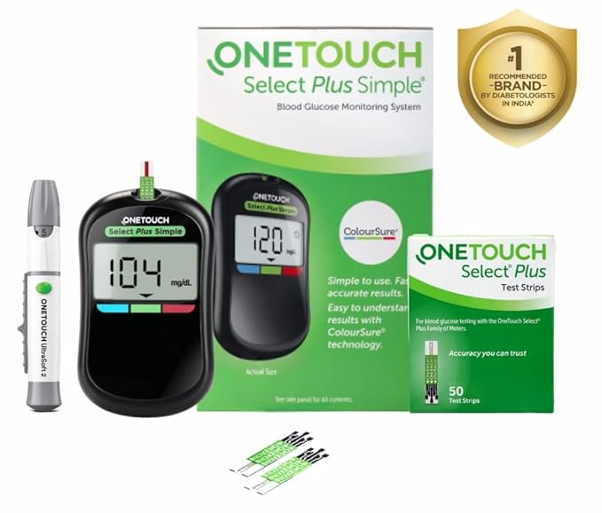 OneTouch Select Plus Simple glucometer machine with 50 Test Strips | Simple &amp; accurate testing of Blood sugar levels at home, Global Iconic Brand, Includes 10 Sterile Lancets + 1 Lancing device, Black