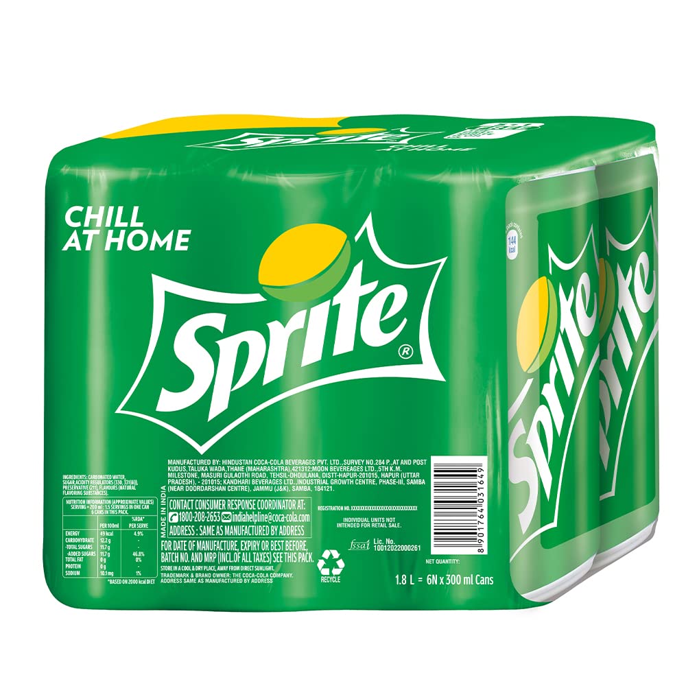 Sprite Lemon-Lime Flavoured Cold Drink | Refreshing Taste | Clear Soft Drink with No Added Colours | Recyclable Can, 300 ml (Pack of 6)