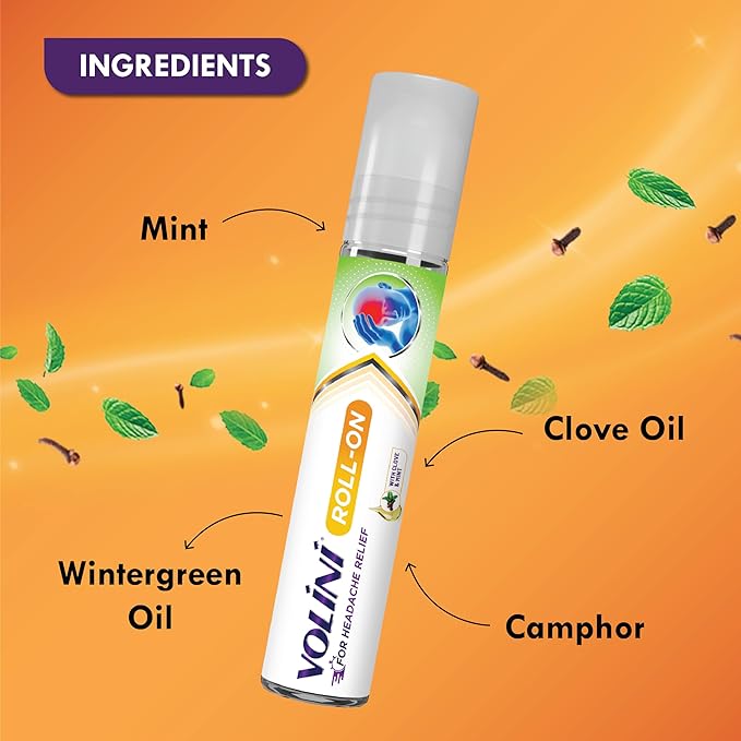 Volini Headache Relief Roll-On, 10ml, Instant Relief, with Clove &amp; Mint, Non-Sticky, On-the-Go Relief