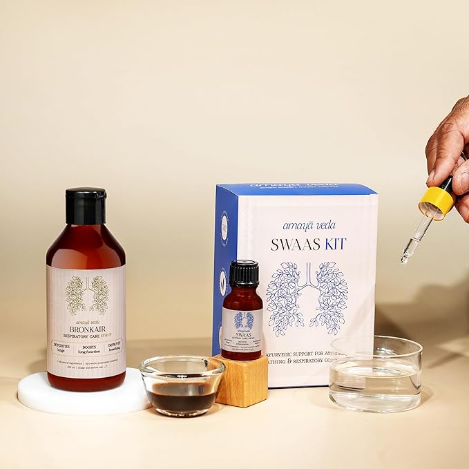 Swaas Kit, Ayurvedic Support for Asthma, Breathing &amp; Respiratory Health, Bronkair Syrup 200ml &amp; Swaas Drops 8ml, Helps Lung Function, Detoxifies &amp; Improves Breathing