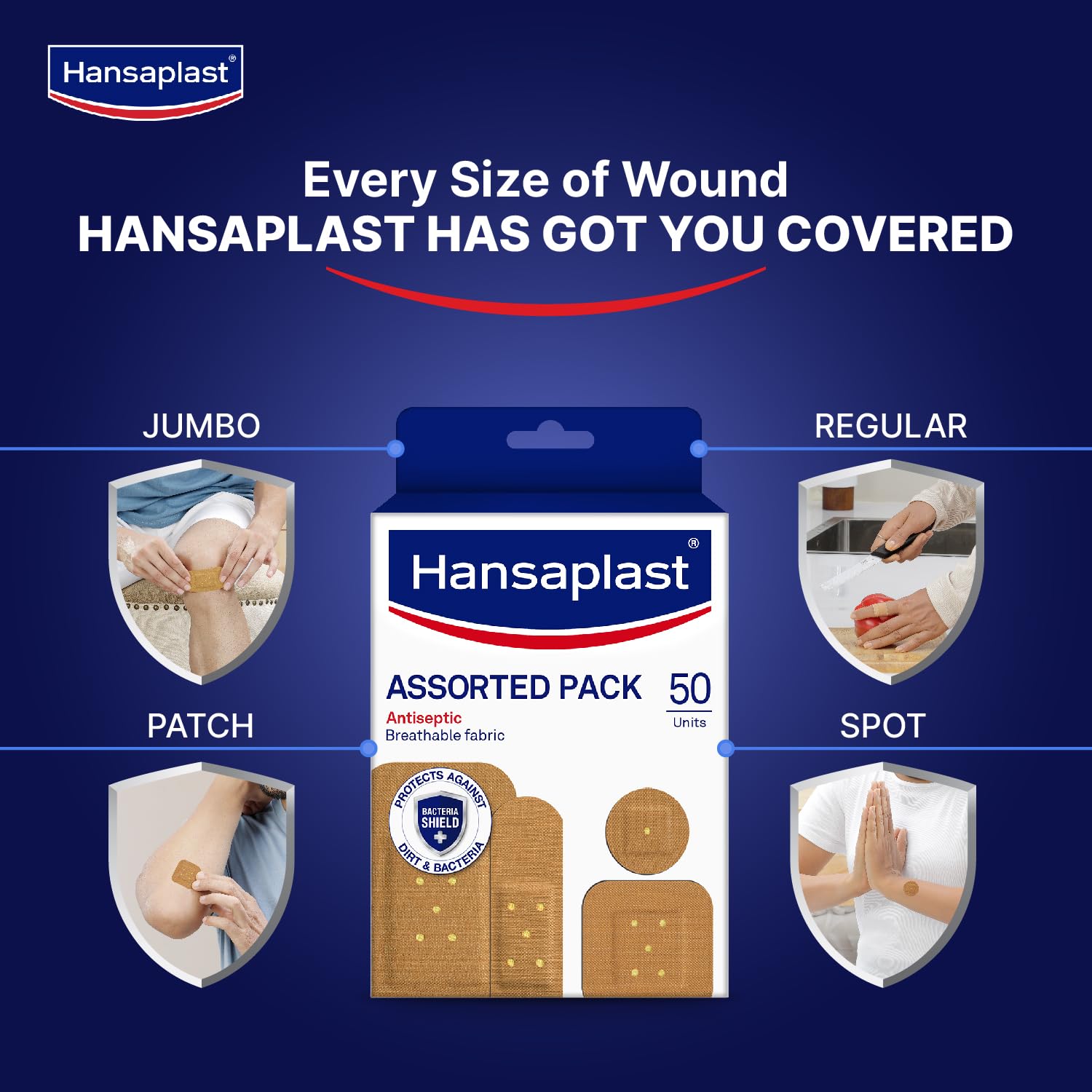 Hansaplast Antiseptic Plasters | Various Shapes &amp; Sizes Bandage | Pack of 50 Units | First Aid kit | Breathable fabric | Home Essential Kit | Antiseptic Wound Pad