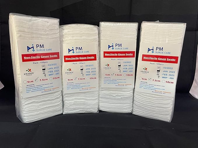 Pm Non Sterile Gauze Swabs Organic Cotton Yarn Size 7.5Cm X 7.5Cm 12Ply 100Pcs Pack For Unisex (7.5Cm X 7.5Cm 12Ply, 1)