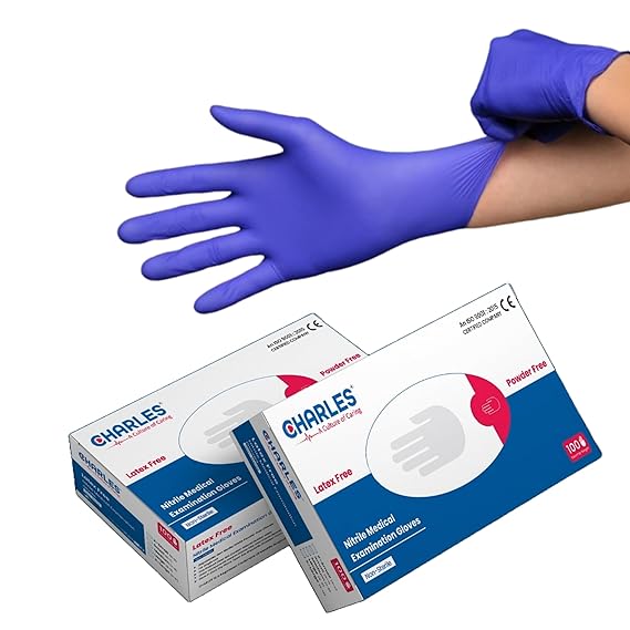 CHARLES (Box of 100pcs) Nitrile Examination Hand Gloves | Medium Size | Powder Free | Blue | CE Approved | Multipurpose with Good Fit &amp; Comfort | Made in Malaysia