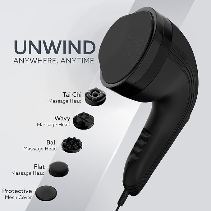 AGARO Atom Plus Electric Handheld Full Body Massager, 4 Massage Heads, Mesh Cover, Variable Speed Settings for Muscle Relief and Relaxation, Back, Leg &amp; Foot (Black)